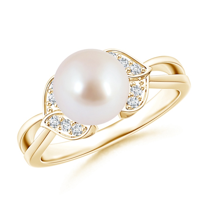 8mm AAA Akoya Cultured Pearl Ring with Diamond Leaf Motifs in Yellow Gold