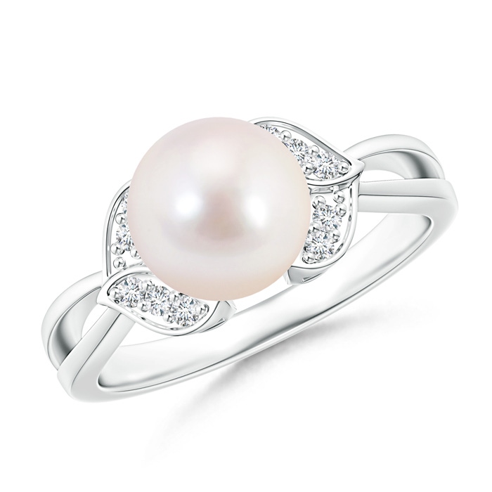 8mm AAAA Akoya Cultured Pearl Ring with Diamond Leaf Motifs in S999 Silver