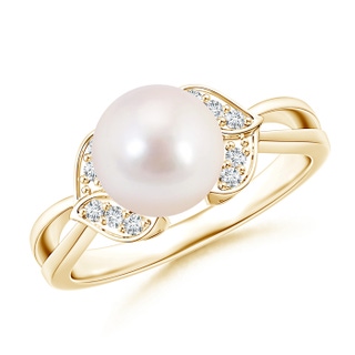 8mm AAAA Akoya Cultured Pearl Ring with Diamond Leaf Motifs in Yellow Gold
