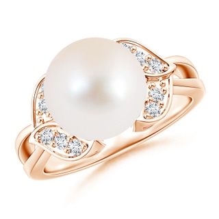 10mm AAA Freshwater Cultured Pearl Ring with Diamond Leaf Motifs in Rose Gold