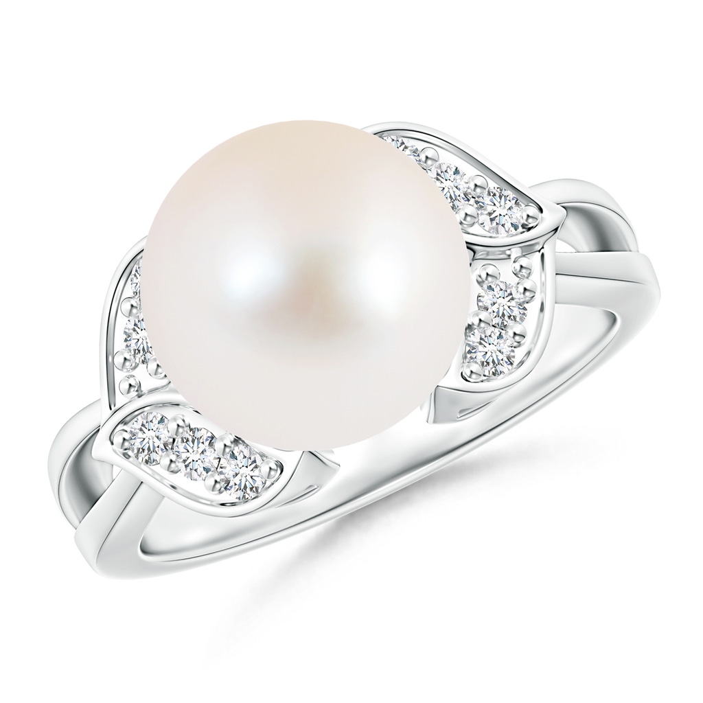 10mm AAA Freshwater Cultured Pearl Ring with Diamond Leaf Motifs in S999 Silver