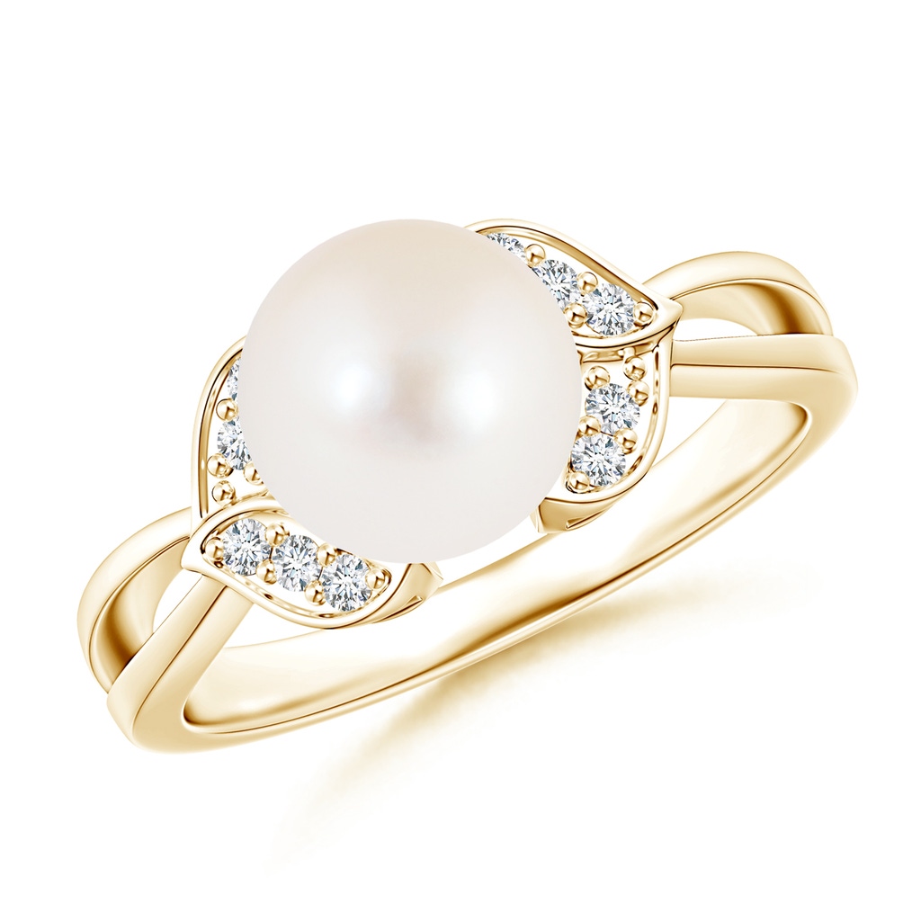 8mm AAA Freshwater Cultured Pearl Ring with Diamond Leaf Motifs in Yellow Gold