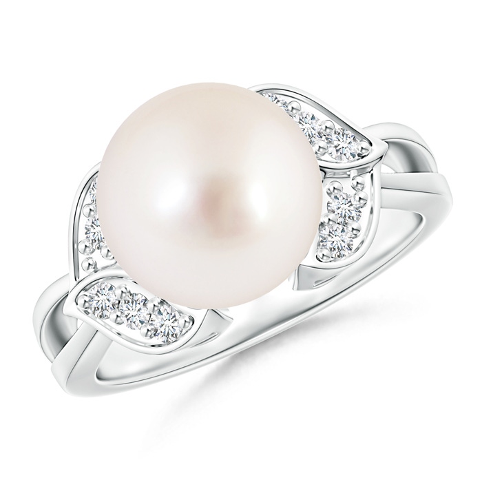 10mm AAAA South Sea Cultured Pearl Ring with Diamond Leaf Motifs in S999 Silver