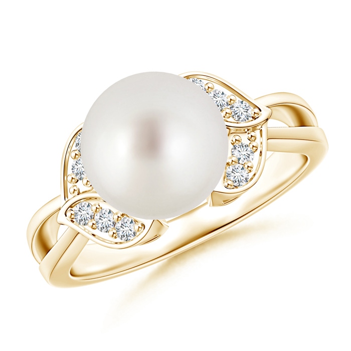 9mm AAA South Sea Cultured Pearl Ring with Diamond Leaf Motifs in Yellow Gold