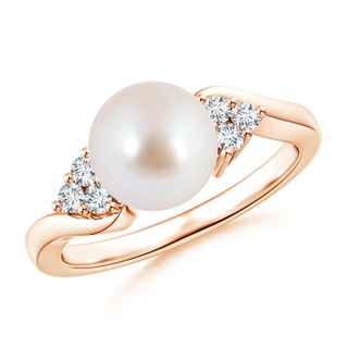 8mm AAA Akoya Cultured Pearl Bypass Ring with Trio Diamonds in 9K Rose Gold