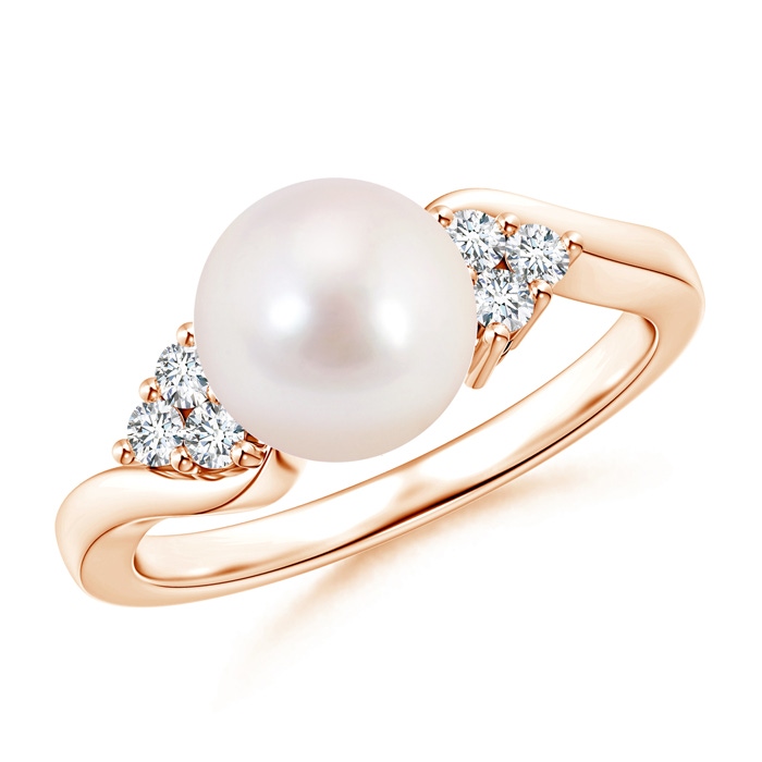 8mm AAAA Akoya Cultured Pearl Bypass Ring with Trio Diamonds in Rose Gold