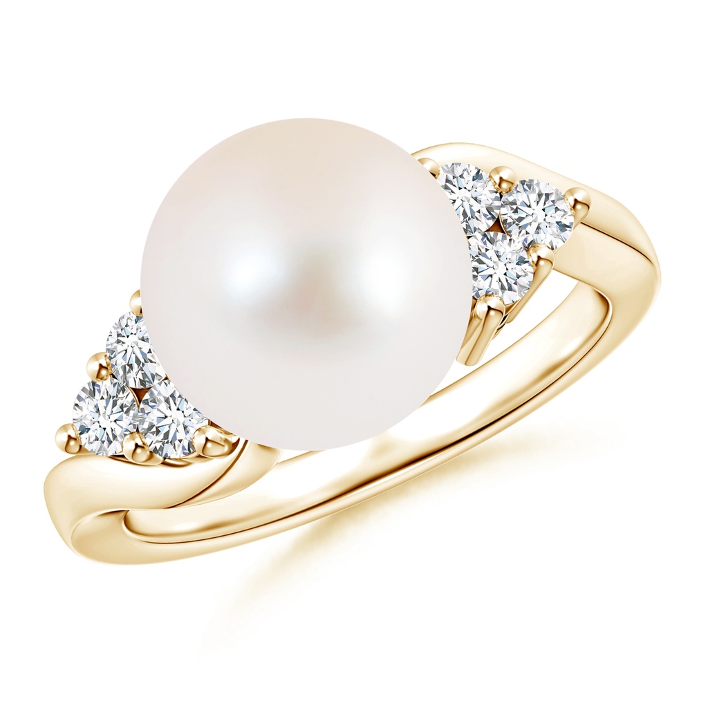 10mm AAA Freshwater Pearl Bypass Ring with Trio Diamonds in Yellow Gold