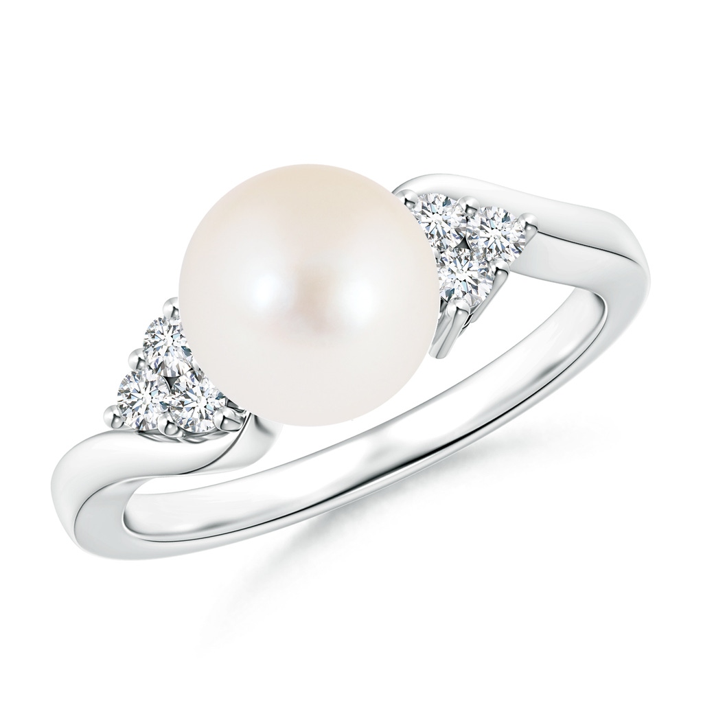 8mm AAA Freshwater Pearl Bypass Ring with Trio Diamonds in White Gold