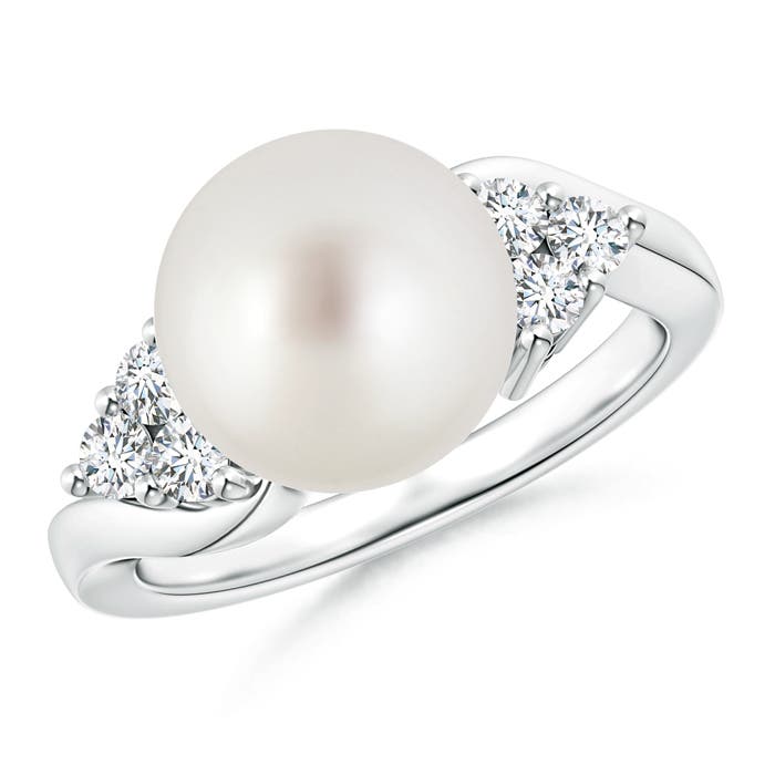 10mm AAA South Sea Cultured Pearl Bypass Ring with Trio Diamonds in White Gold