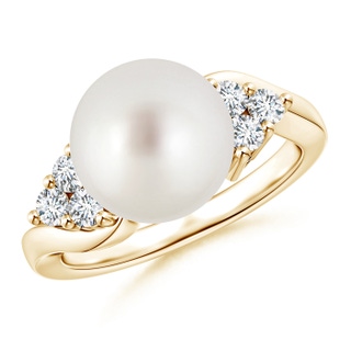 10mm AAA South Sea Cultured Pearl Bypass Ring with Trio Diamonds in Yellow Gold