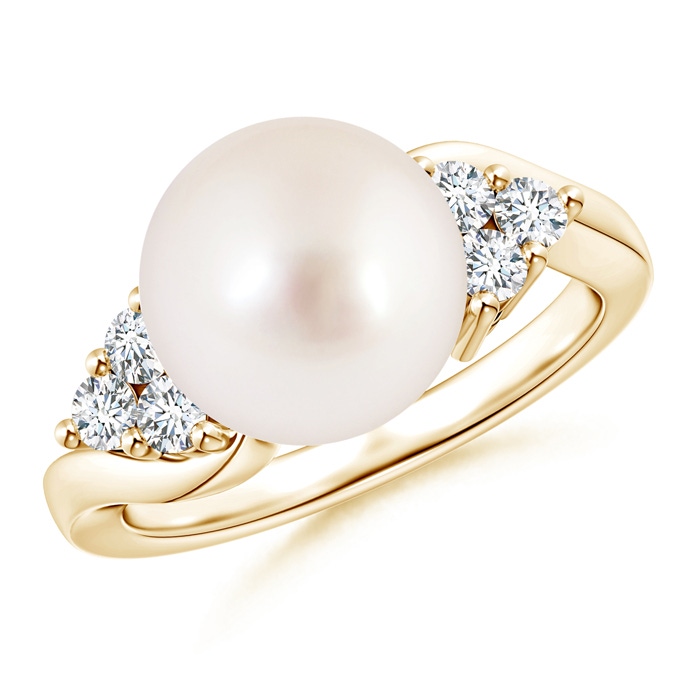 10mm AAAA South Sea Cultured Pearl Bypass Ring with Trio Diamonds in Yellow Gold 