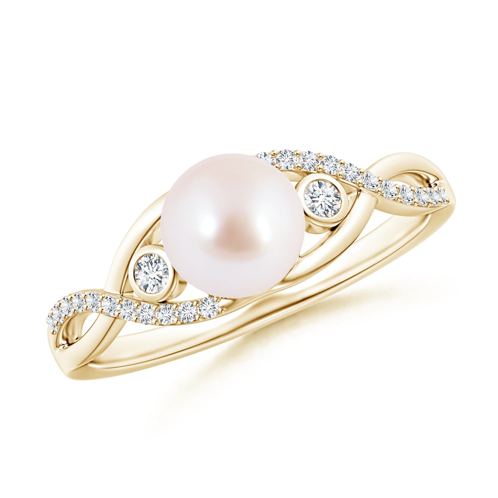6mm AAA Japanese Akoya Pearl and Diamond Infinity Ring in Yellow Gold