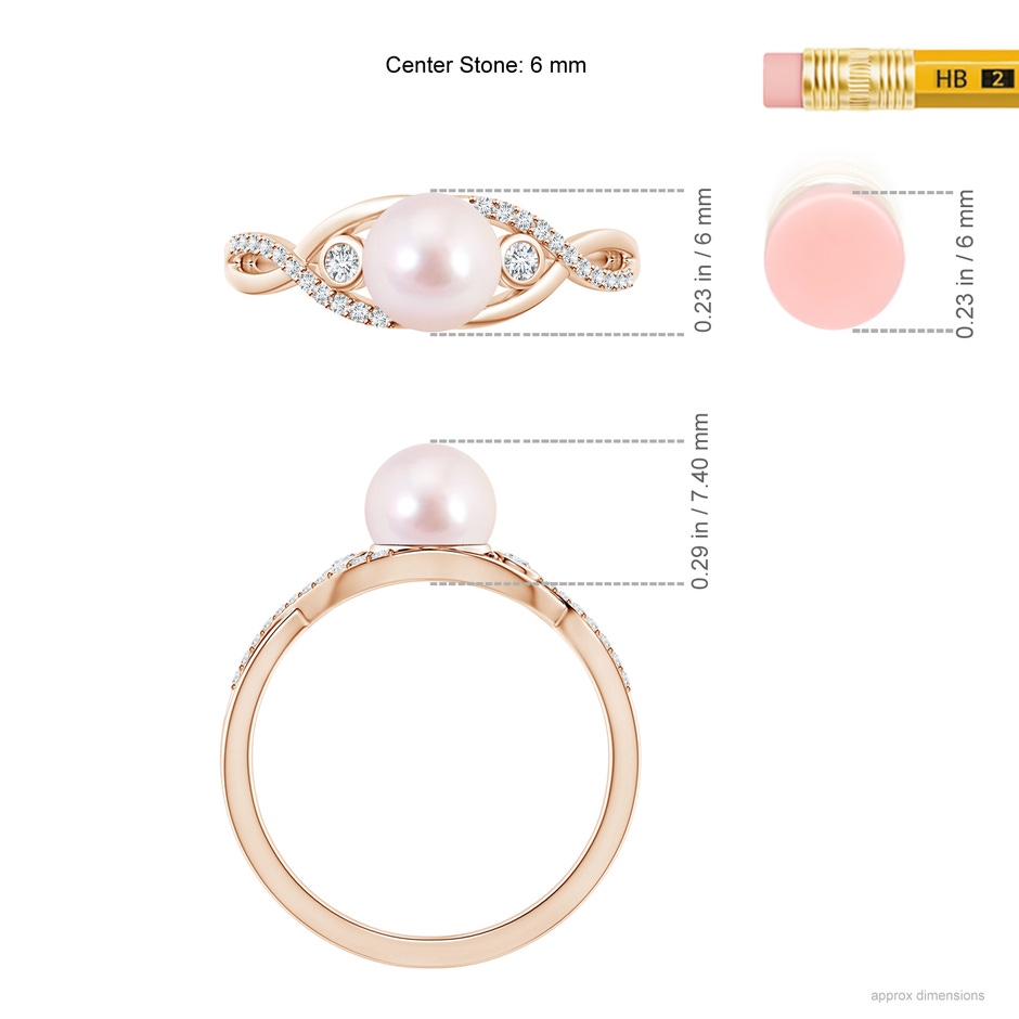 6mm AAAA Japanese Akoya Pearl and Diamond Infinity Ring in Rose Gold ruler