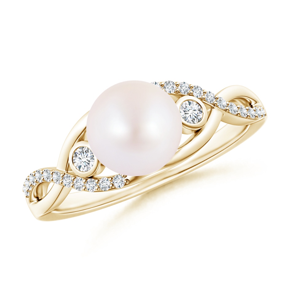 7mm AA Japanese Akoya Pearl and Diamond Infinity Ring in Yellow Gold 