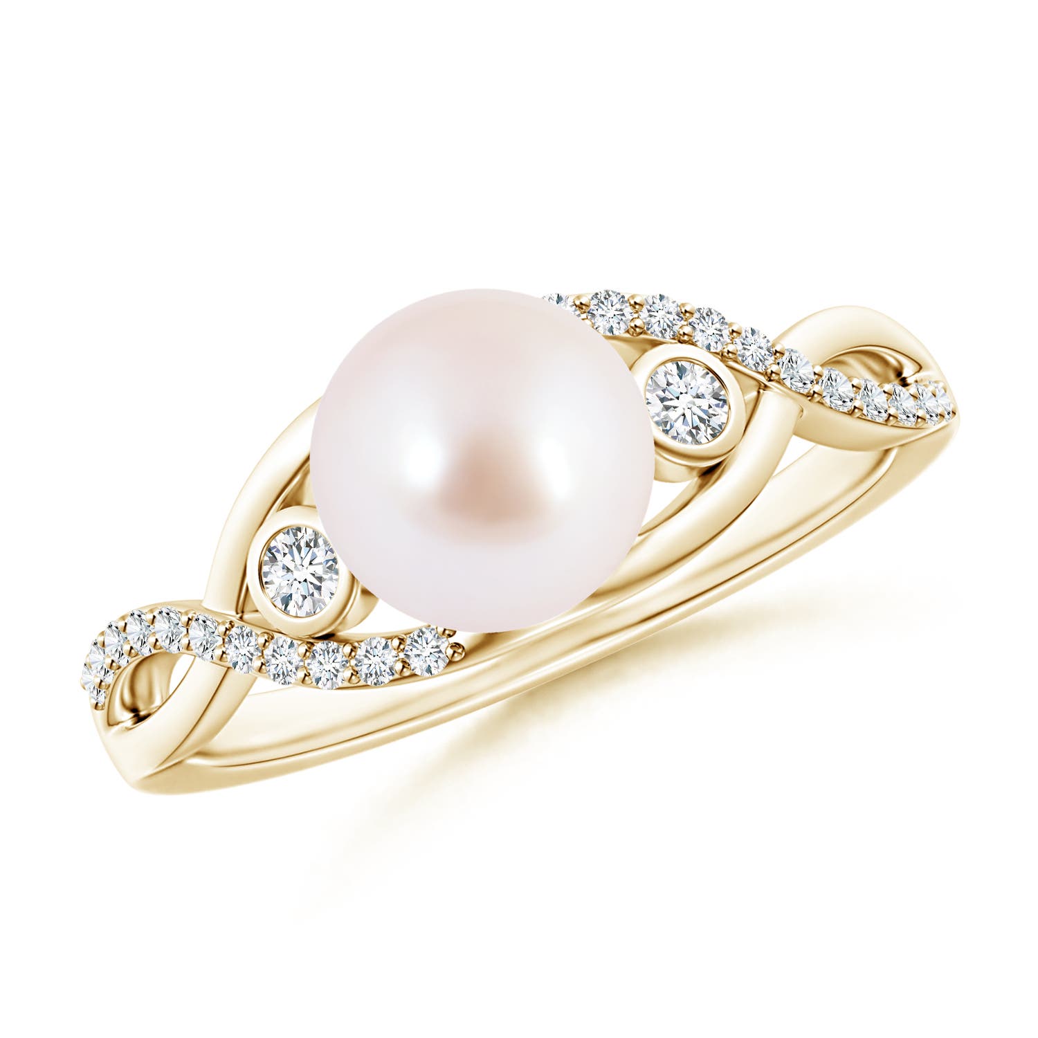 7mm AAA Japanese Akoya Pearl and Diamond Infinity Ring in Yellow Gold