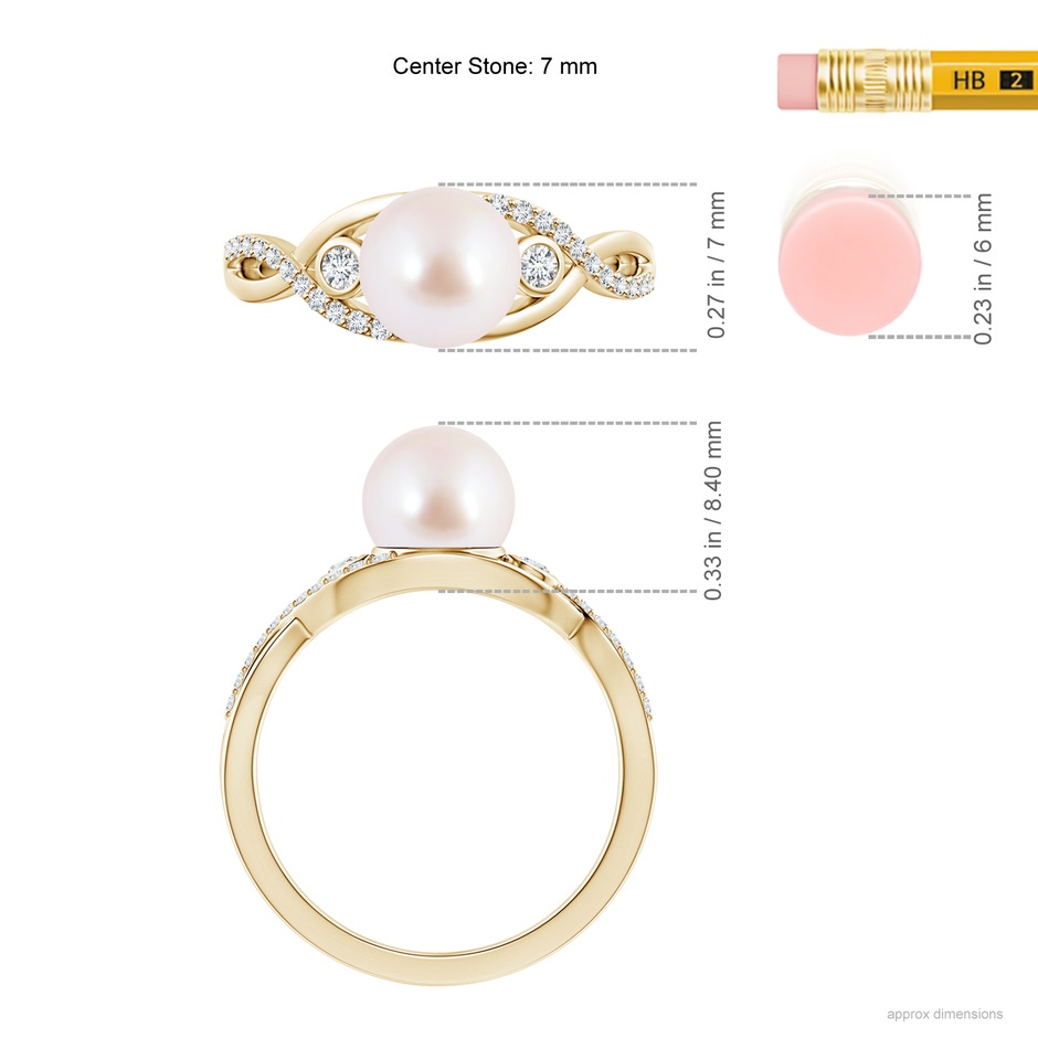 7mm AAA Japanese Akoya Pearl and Diamond Infinity Ring in Yellow Gold ruler