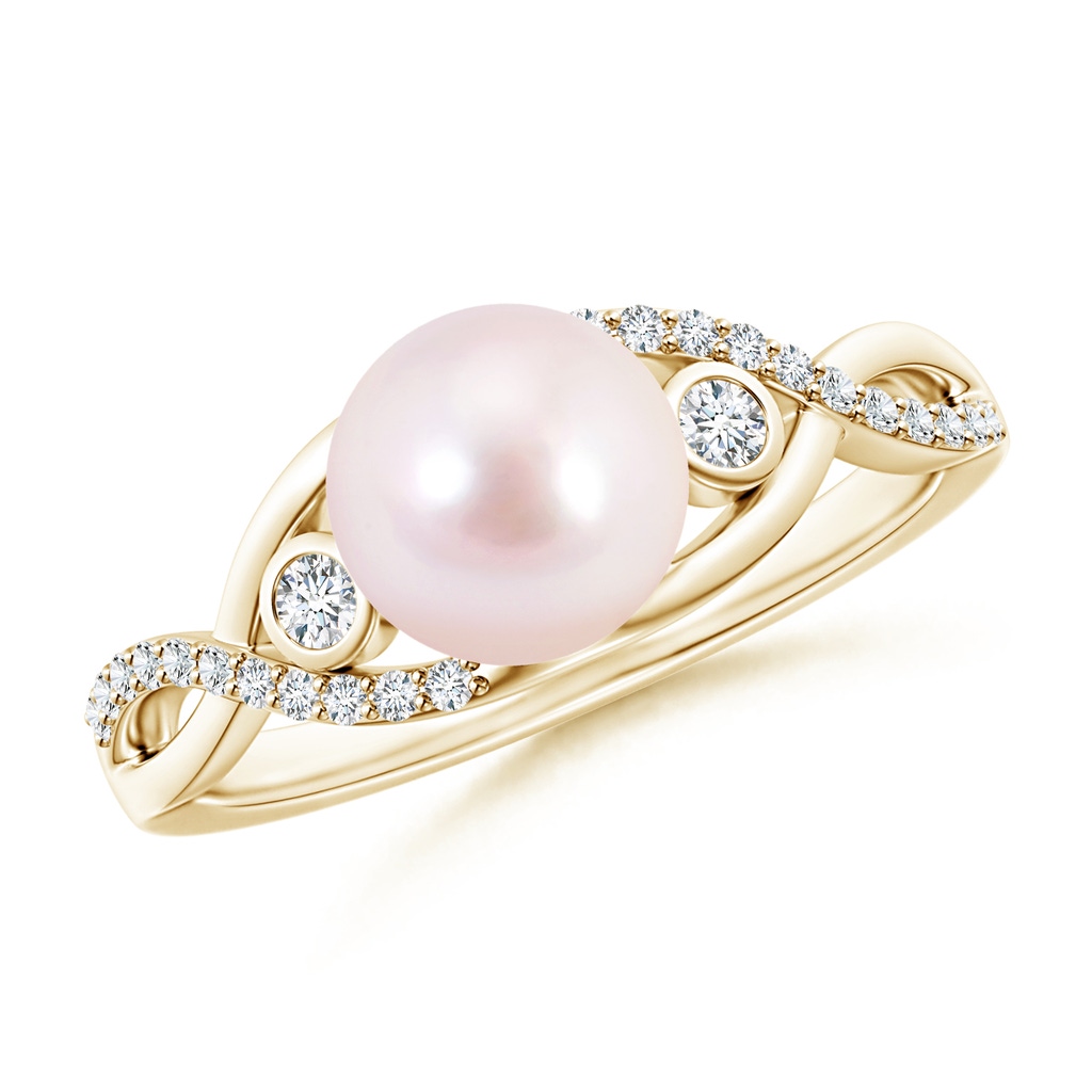 7mm AAAA Japanese Akoya Pearl and Diamond Infinity Ring in Yellow Gold