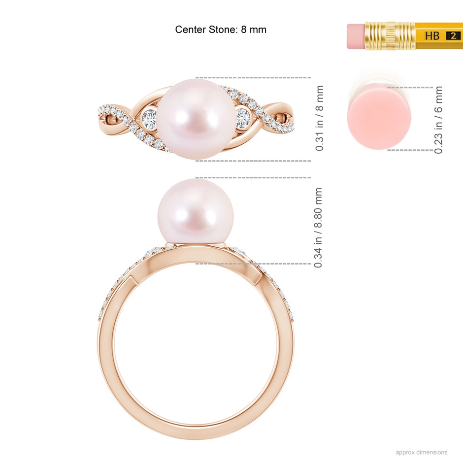 8mm AAAA Japanese Akoya Pearl and Diamond Infinity Ring in Rose Gold ruler