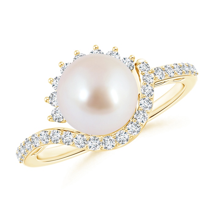 8mm AAA Japanese Akoya Pearl Bypass Ring with Diamonds in Yellow Gold