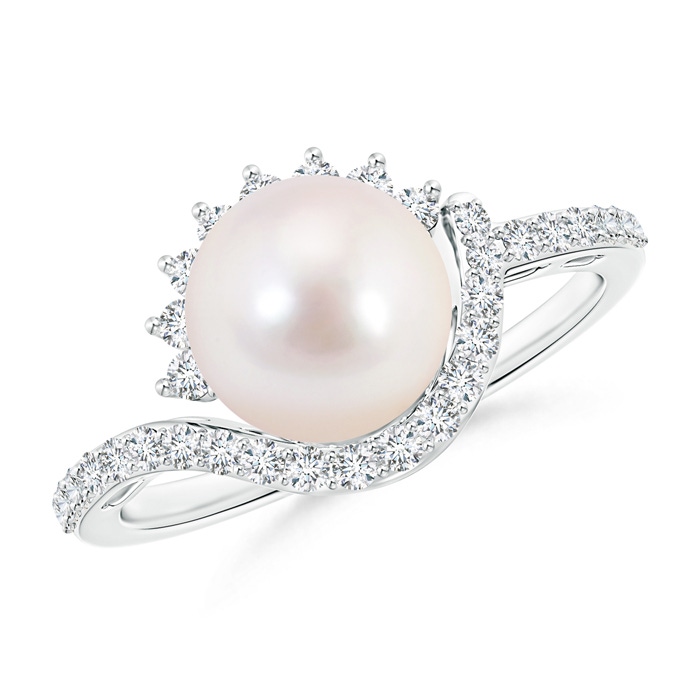 8mm AAAA Japanese Akoya Pearl Bypass Ring with Diamonds in White Gold