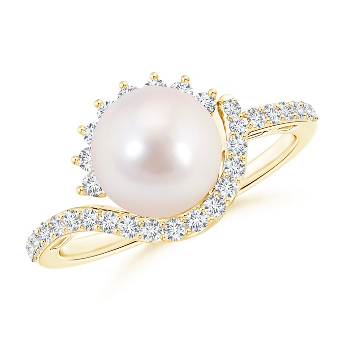 8mm AAAA Japanese Akoya Pearl Bypass Ring with Diamonds in Yellow Gold