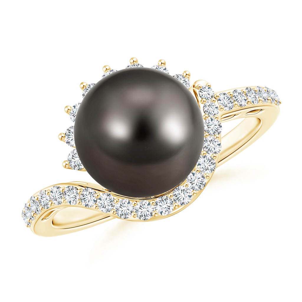 9mm AAA Tahitian Cultured Pearl Bypass Ring with Diamond Accents in Yellow Gold