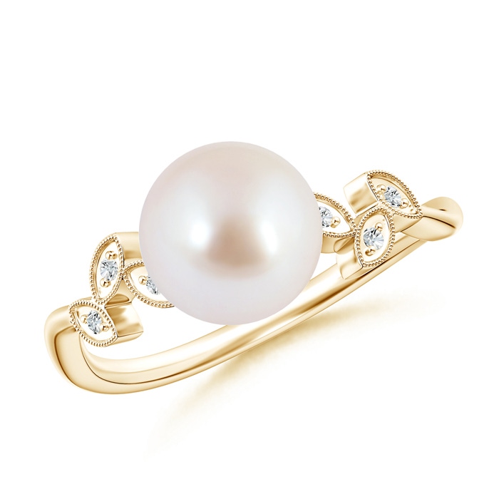 8mm AAA Vintage Style Japanese Akoya Pearl Ring with Leaf Motifs in Yellow Gold