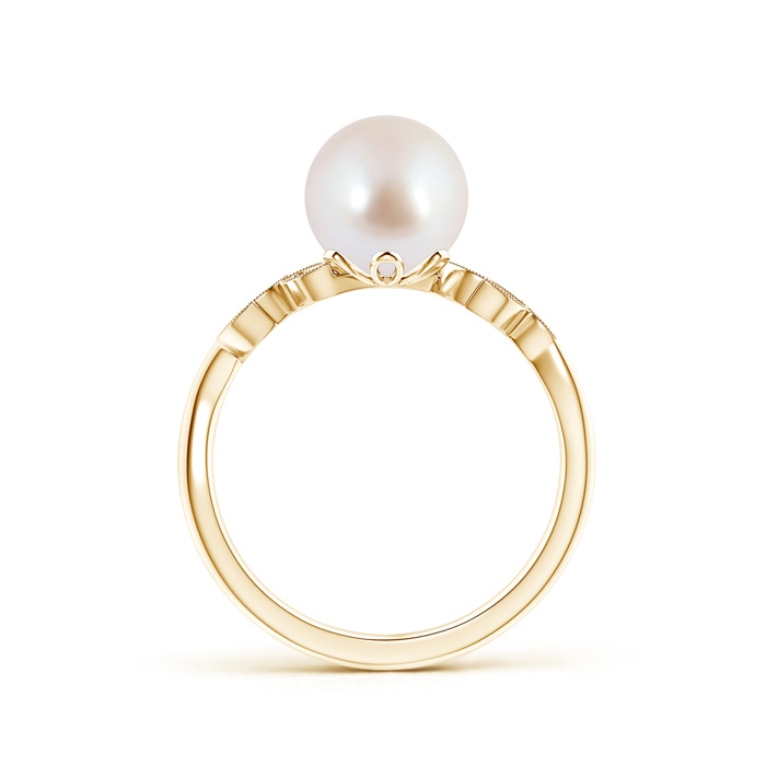 8mm AAA Vintage Style Japanese Akoya Pearl Ring with Leaf Motifs in Yellow Gold Product Image
