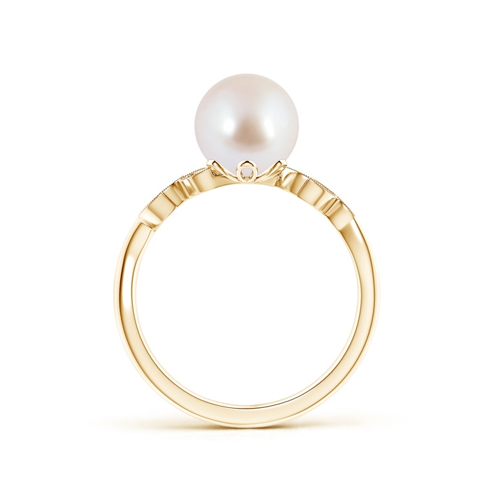 8mm AAA Vintage Style Japanese Akoya Pearl Ring with Leaf Motifs in Yellow Gold product image