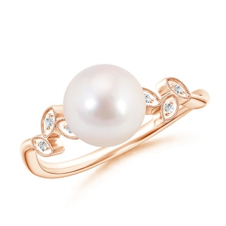 8mm AAAA Vintage Style Japanese Akoya Pearl Ring with Leaf Motifs in Rose Gold