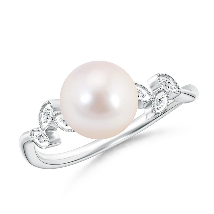 8mm AAAA Vintage Style Japanese Akoya Pearl Ring with Leaf Motifs in S999 Silver