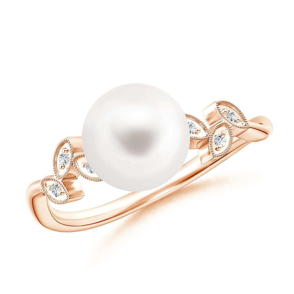 8mm AA Vintage Style Freshwater Cultured Pearl Ring with Leaf Motifs in Rose Gold