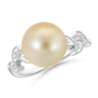 10mm AAA Golden South Sea Cultured Pearl Ring with Leaf Motifs in White Gold