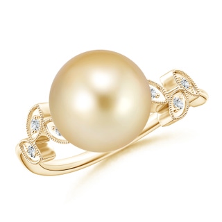 10mm AAAA Golden South Sea Cultured Pearl Ring with Leaf Motifs in Yellow Gold