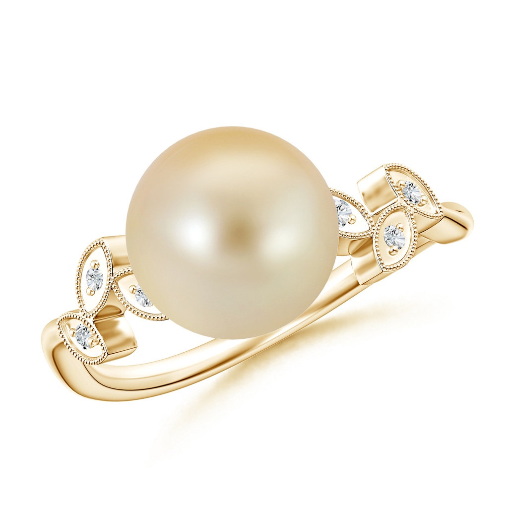 9mm AAA Golden South Sea Cultured Pearl Ring with Leaf Motifs in Yellow Gold