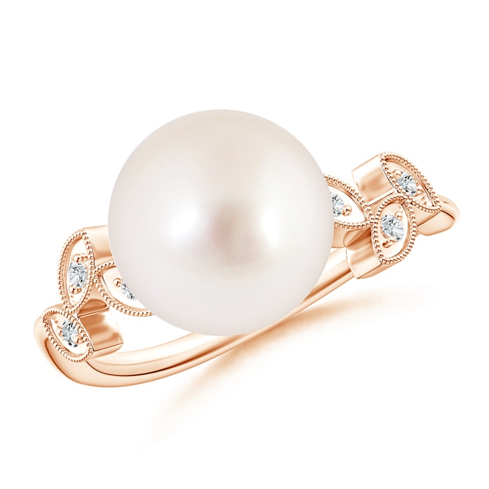 10mm AAAA Vintage Style South Sea Cultured Pearl Ring with Leaf Motifs in Rose Gold