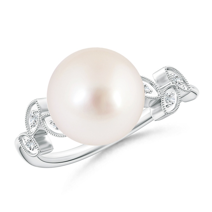 10mm AAAA Vintage Style South Sea Cultured Pearl Ring with Leaf Motifs in White Gold