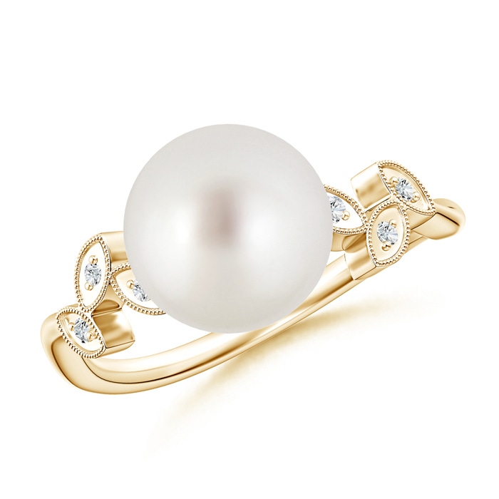 9mm AAA Vintage Style South Sea Cultured Pearl Ring with Leaf Motifs in Yellow Gold