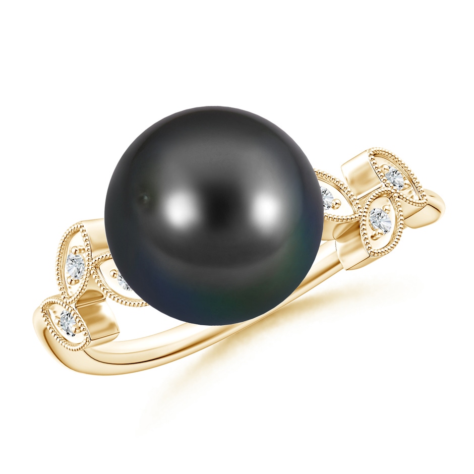 10mm AA Tahitian Cultured Pearl and Diamond Ring with Leaf Motifs in Yellow Gold 