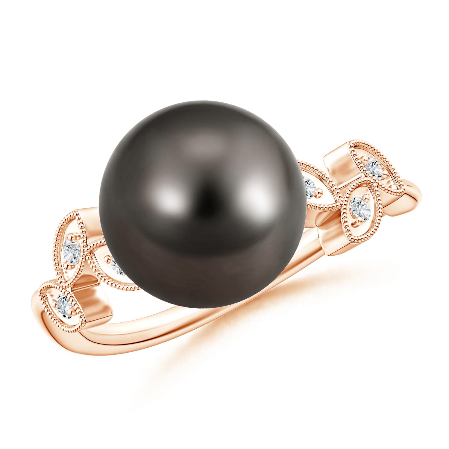 10mm AAA Tahitian Cultured Pearl and Diamond Ring with Leaf Motifs in Rose Gold
