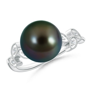 10mm AAAA Tahitian Cultured Pearl and Diamond Ring with Leaf Motifs in White Gold
