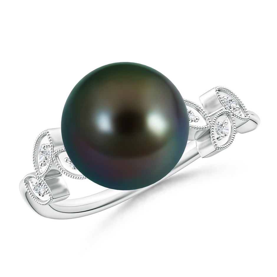 10mm AAAA Tahitian Cultured Pearl and Diamond Ring with Leaf Motifs in White Gold 
