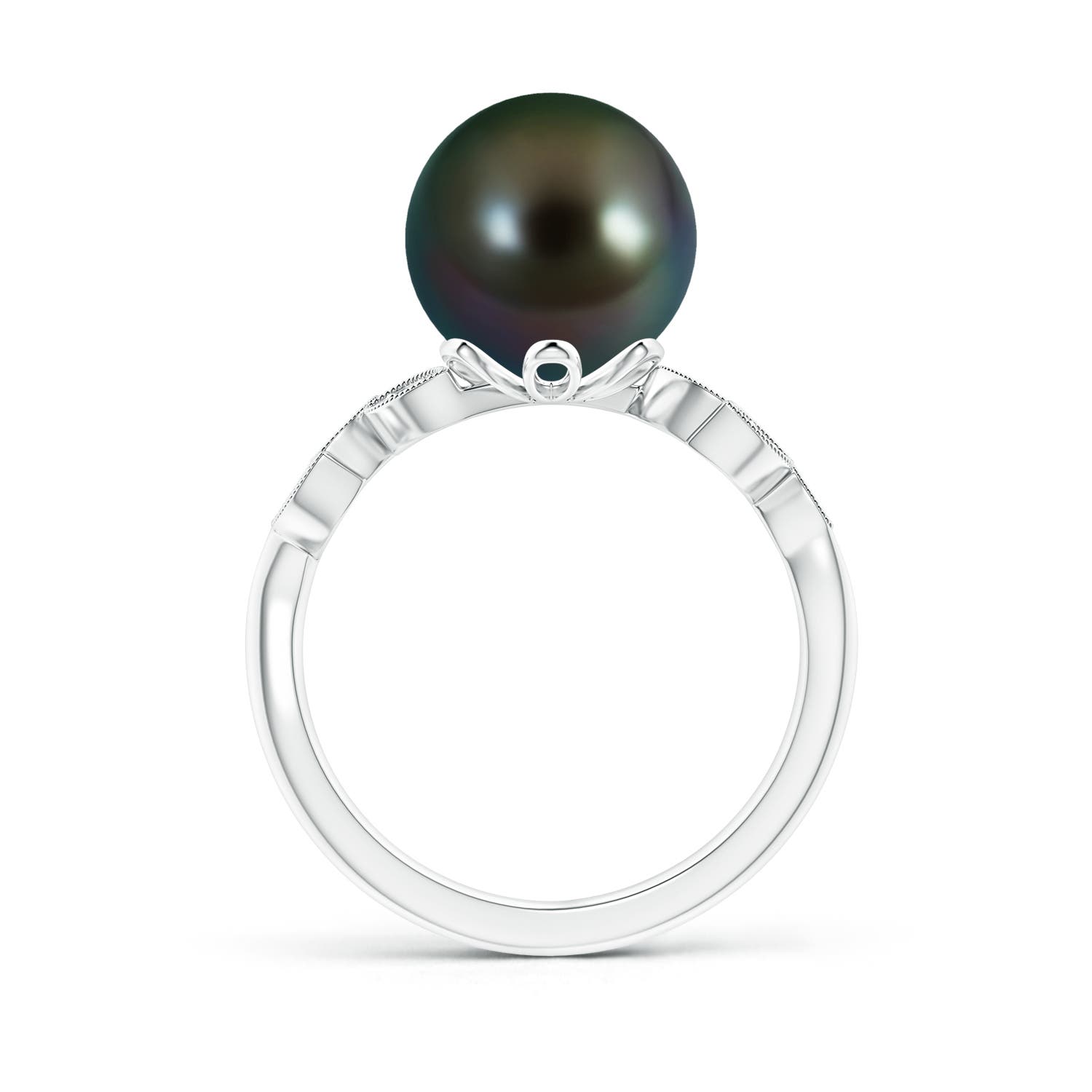 10mm AAAA Tahitian Cultured Pearl and Diamond Ring with Leaf Motifs in White Gold