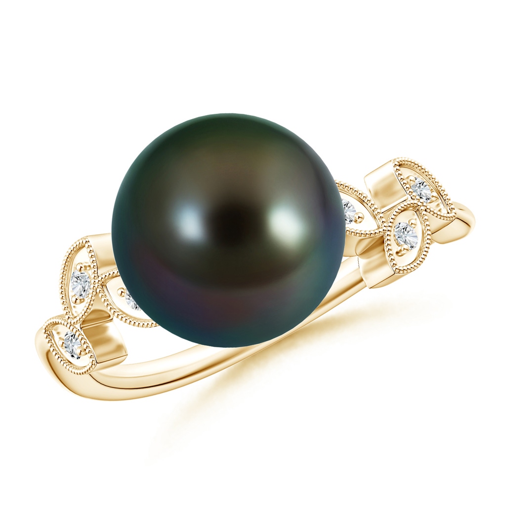 10mm AAAA Tahitian Cultured Pearl and Diamond Ring with Leaf Motifs in Yellow Gold