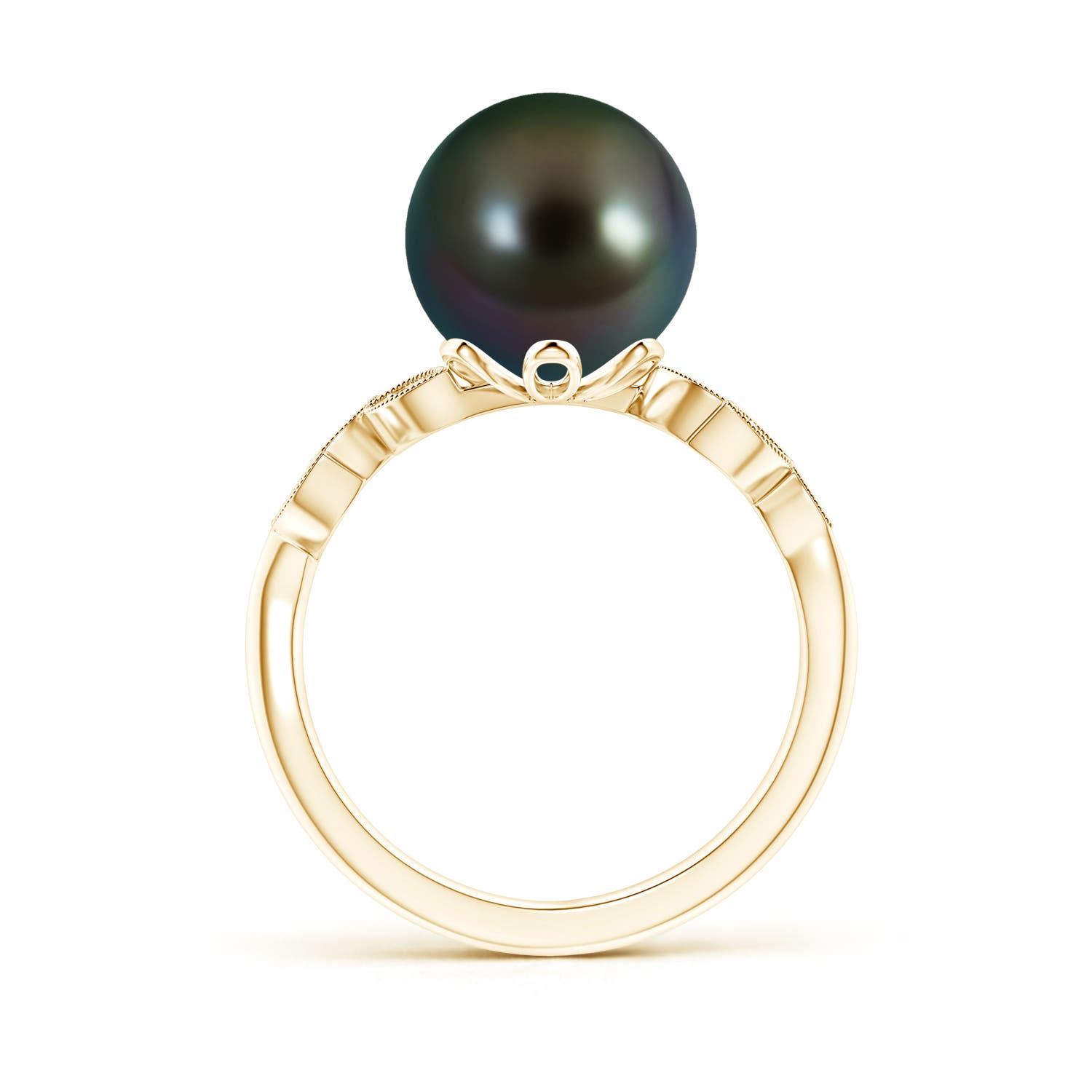 10mm AAAA Tahitian Cultured Pearl and Diamond Ring with Leaf Motifs in Yellow Gold