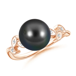 9mm AA Tahitian Cultured Pearl and Diamond Ring with Leaf Motifs in Rose Gold