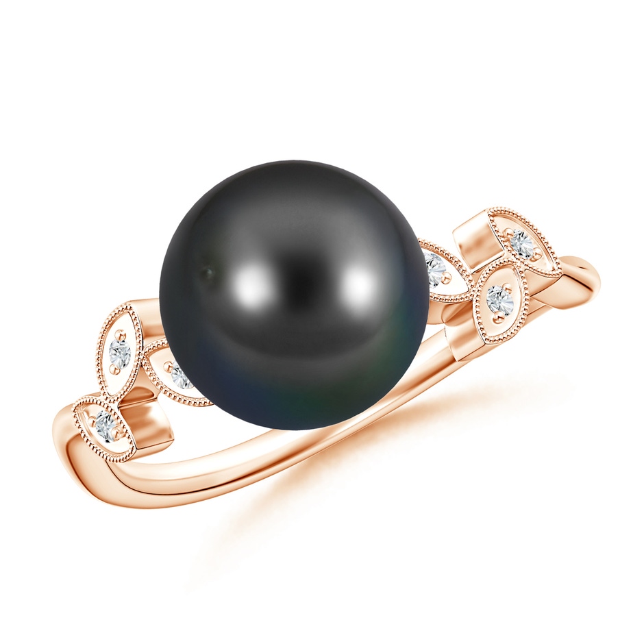 9mm AA Tahitian Cultured Pearl and Diamond Ring with Leaf Motifs in Rose Gold 