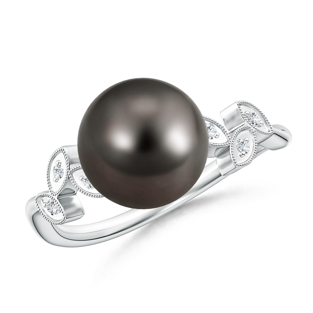 9mm AAA Tahitian Cultured Pearl and Diamond Ring with Leaf Motifs in White Gold