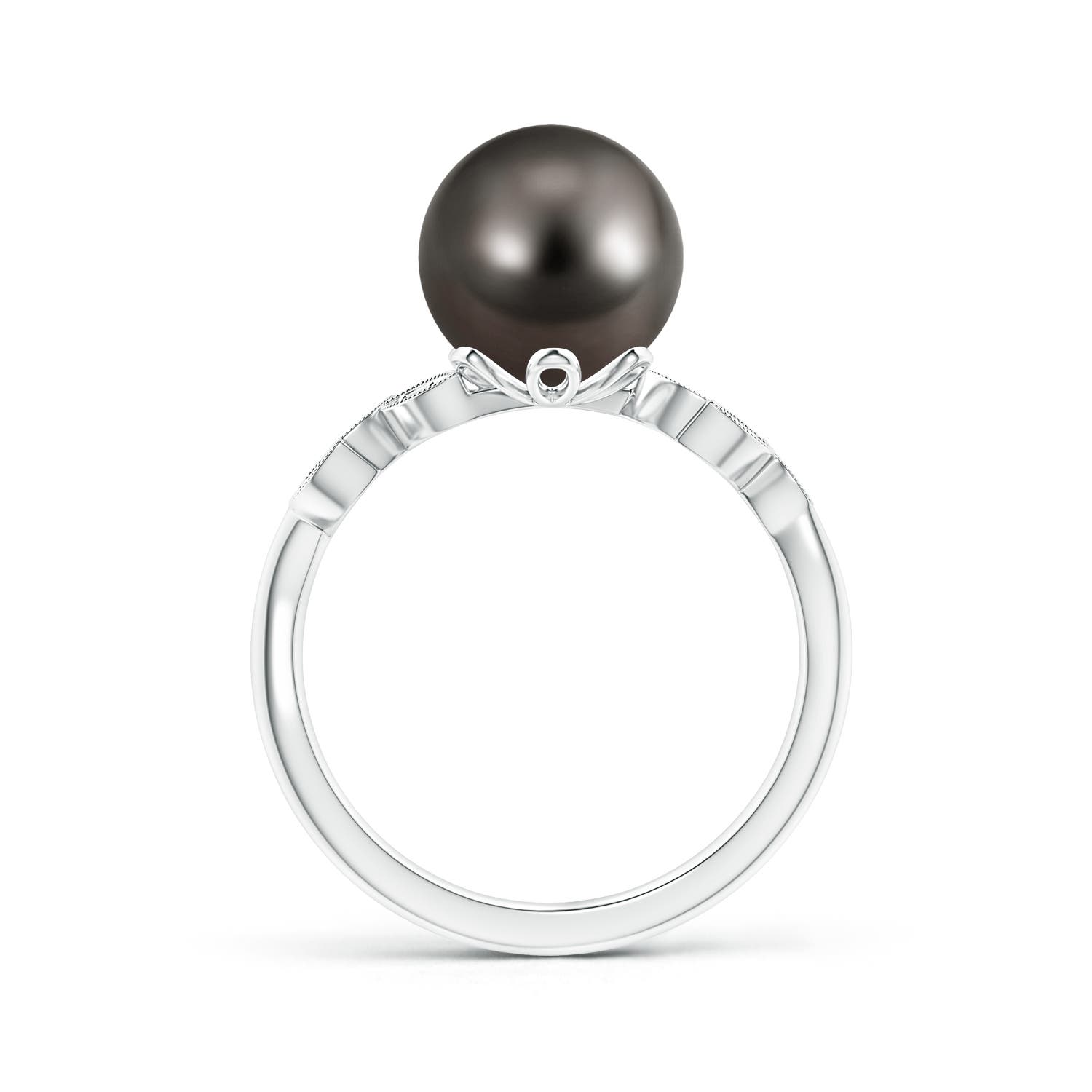 9mm AAA Tahitian Cultured Pearl and Diamond Ring with Leaf Motifs in White Gold - side 1