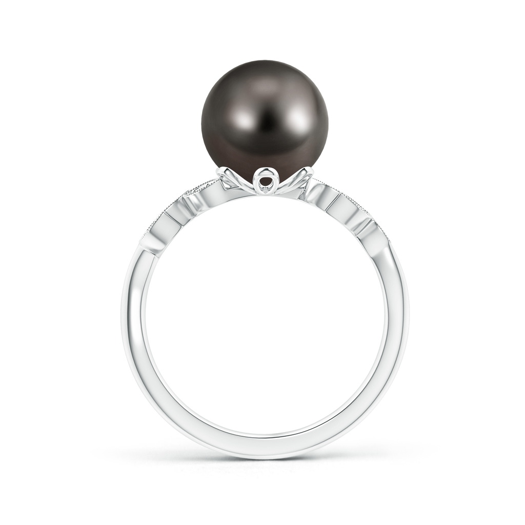 9mm AAA Tahitian Cultured Pearl and Diamond Ring with Leaf Motifs in White Gold Product Image